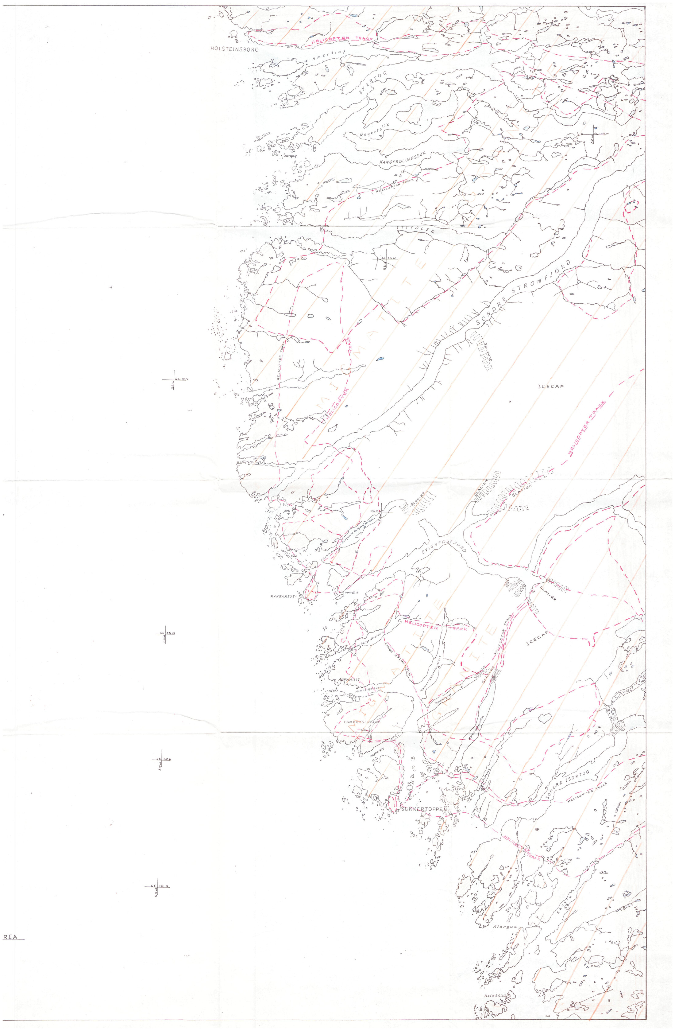 Detaljeret topografisk-geologisk kort over Holsteinsborg-Sukkertoppen-området med højdekonturer, kystlinjer og struktur-markeringer i rødt.