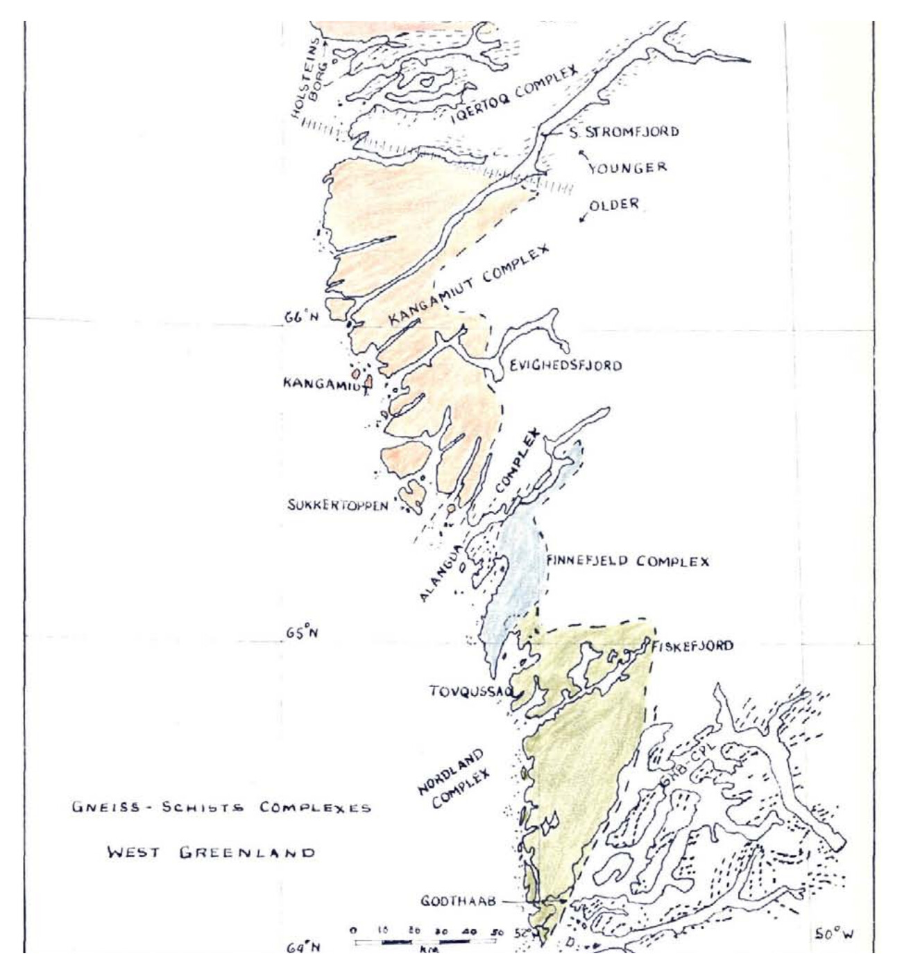 Håndtegnet og -kolorerede regionalkort over Vestgrønland med gnejs-skifer-komplekserne — Holsteinsborg, Sukkertoppen, Kangamiut, Evighedsfjord, Tovqussap og Nordland Complex.